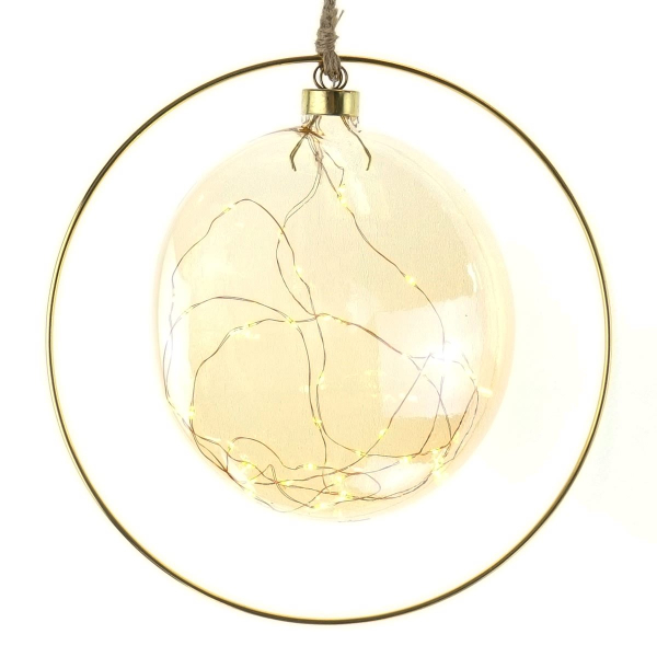 Lumineo Micro-LED Kugel Beige-Braun im goldfarbenem Ring Ø 20 cm 30 Lichter - klassisch warm