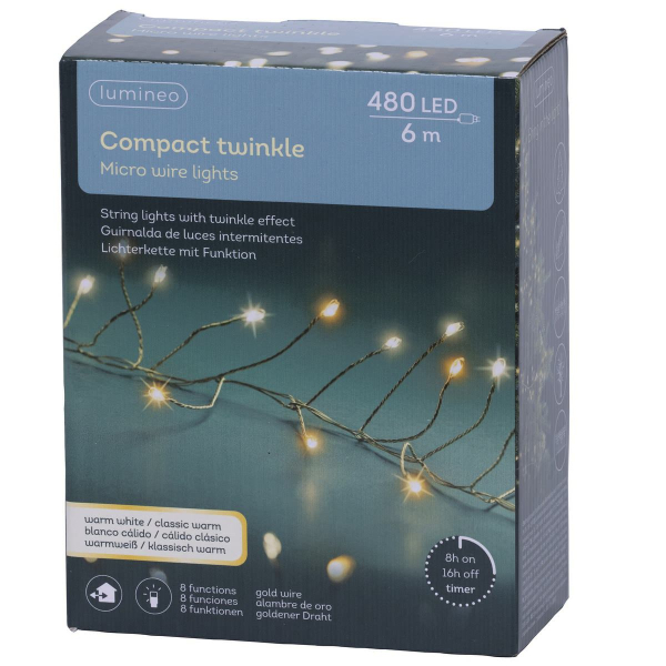 Lumineo Micro LED Lichterkette Compact mit Funktionen 600 cm 480 Lichter - goldfarben/warmweiß & klassisch warm