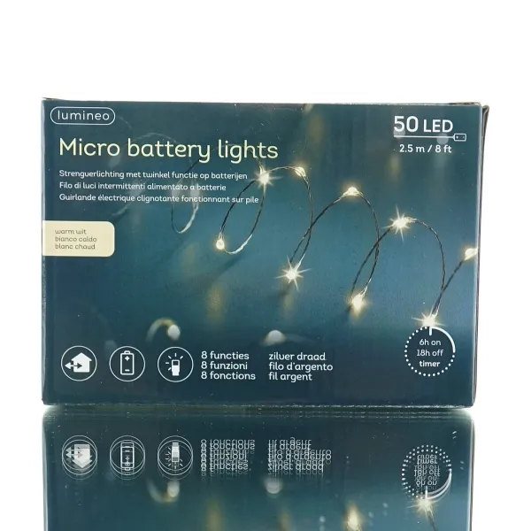 Lumineo Batterie Micro-LED Lichterkette silber 2,5 Meter 50 Lichter - warmweiß