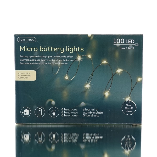 Lumineo Batterie Micro-LED Lichterkette Silberfarben 5 Meter 100 Lichter - warmweiß