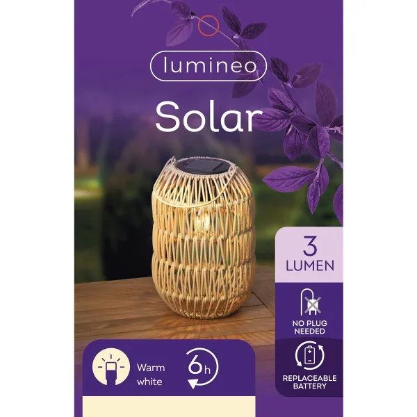 Lumineo Solar LED Laterne Beige-Braun Flechtoptik Ø 16 cm Höhe 24,5 cm warmweiß - Metall & Kunststoff