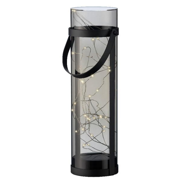 Lumineo Solar LED Laterne Schwarz & Rauchgrau Ø 10 cm Höhe 34 cm 40 Lichter Acryl - warmweiß