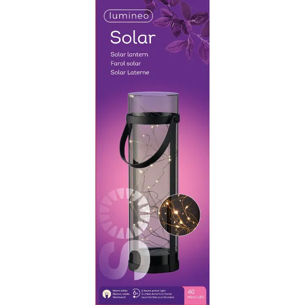 Lumineo Solar LED Laterne Schwarz & Rauchgrau Ø 10 cm Höhe 34 cm 40 Lichter Acryl - warmweiß