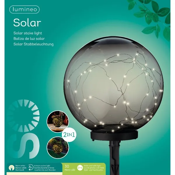 Lumineo Solar Stab- & Tischbeleuchtung Acryl Rauchgrau Ø 30 x 38 cm mit 30 Micro-LEDs