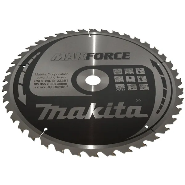 Makita® Zubehör Kreissägeblatt MAKFORCE Ø 355/30 mm 40 Zähne 2,2 mm Holz - B-32281 Makita® Zubehör Kreissägeblatt MAKFORCE Ø 355/30 mm 40 Zähne 2,2 mm Holz - B-32281