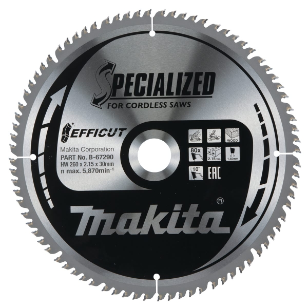 Makita® Zubehör Sägeblatt Holz Ø 260 x 2,15 x 30 mm 80Z EFFICUT - B-67290