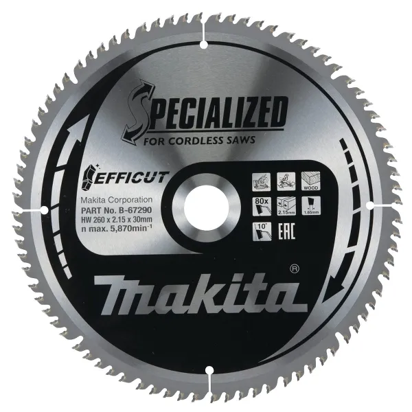 Makita® Zubehör Sägeblatt Holz Ø 260 x 2,15 x 30 mm 80Z EFFICUT - B-67290 Makita® Zubehör Sägeblatt Holz Ø 260 x 2,15 x 30 mm 80Z EFFICUT - B-67290