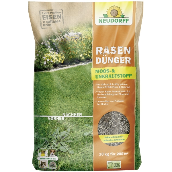 NEUDORFF® RasenDünger Moos- & Unkrautstopp für ca. 200 m² - 10 kg