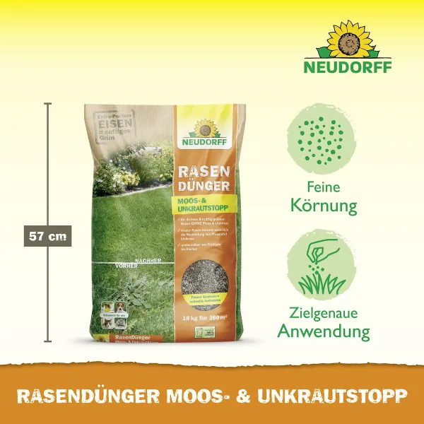 NEUDORFF® RasenDünger Moos- & Unkrautstopp - 18 kg für ca. 360 m²