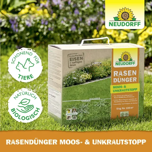 NEUDORFF® RasenDünger Moos- & Unkrautstopp für ca. 100 m² - 5 kg