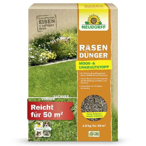 NEUDORFF® RasenDünger Moos- & Unkrautstopp für ca. 50 m² - 2,5 kg