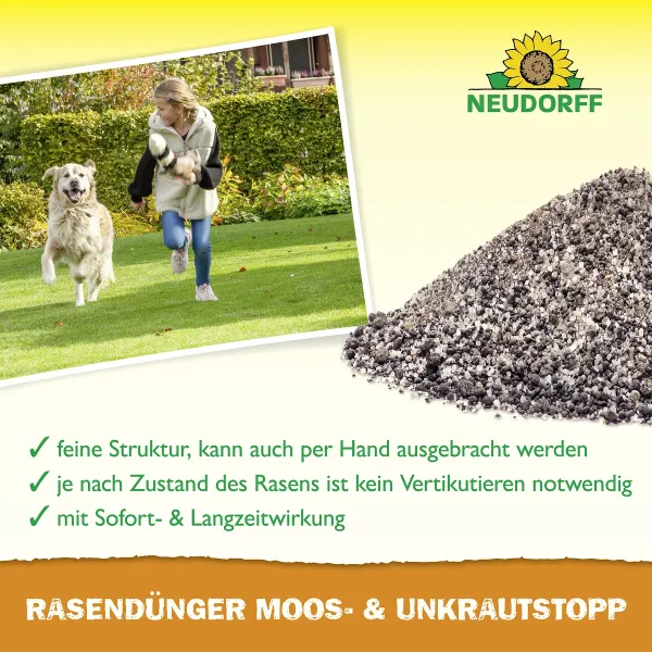 NEUDORFF® RasenDünger Moos- & Unkrautstopp für ca. 50 m² - 2,5 kg