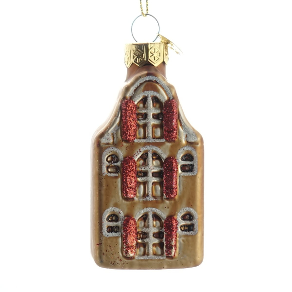 Nostalgie Weihnachtsanhänger Amsterdammer Grachtenhaus Goldbraun 7,5 cm - Glas