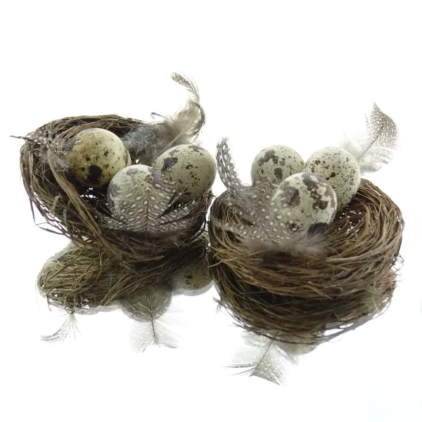 Oster-Deko Nest mit Wachteleiern & Federn aus Naturmaterialien - 2er-Pack
