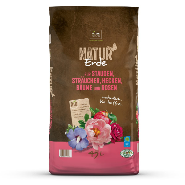 PATZER NATUR Erde BIO für Stauden Sträucher Hecken Bäume & Rosen torffrei - 45 Liter
