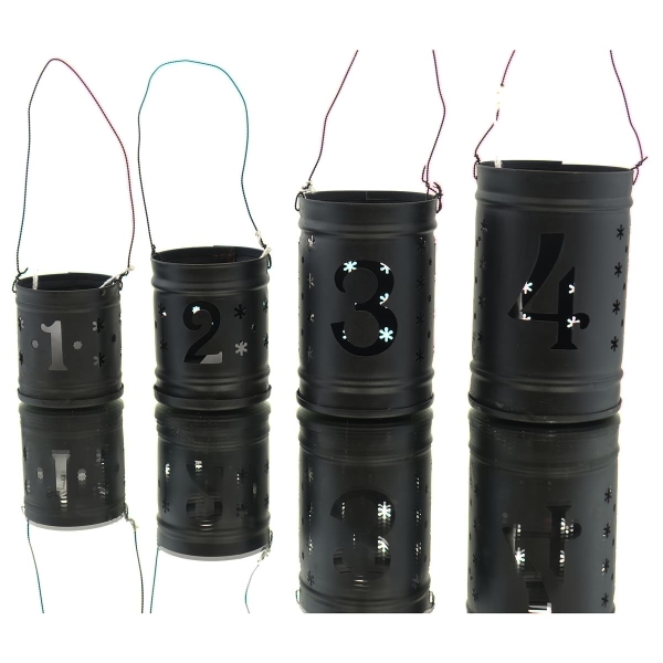 POSIWIO 4 Advendwindlichter Schwarz mit Zahlen 1-4 & Schneeflocken - Metall