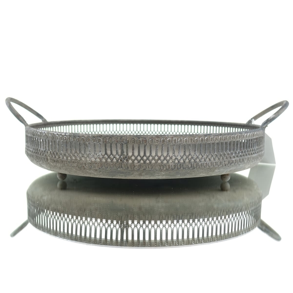 POSIWIO Pflanzentablett Grau Vintage Stil 2 Griffe Ø 29,5 cm - Metall verzinkt