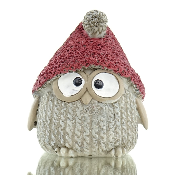 POSIWIO Weihnachtsdeko Eule grau mit roter Mütze 6 cm - Polyresin