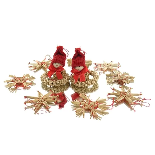 POSIWIO Weihnachtsdeko Stroh-Sortiment Natur & Rot Sterne Kränze & 2 Figuren