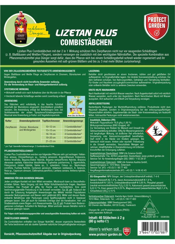 PROTECT GARDEN Lizetan Plus Combistäbchen für Zimmer- & Balkonpflanzen - 40 Stück