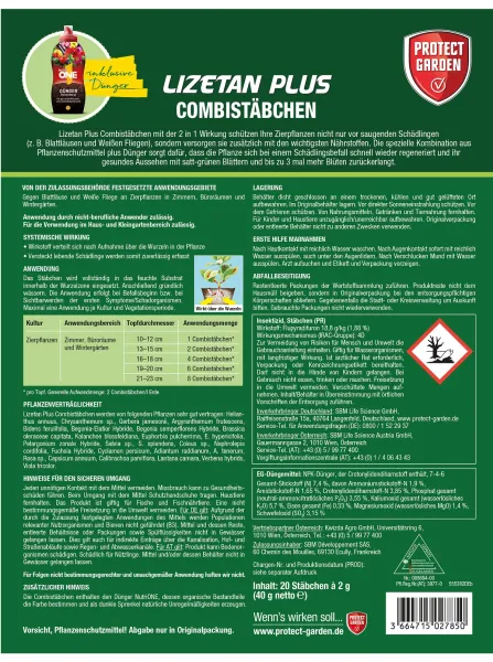 PROTECT GARDEN Lizetan Plus Combistäbchen für Zimmer- & Balkonpflanzen - 20 Stück