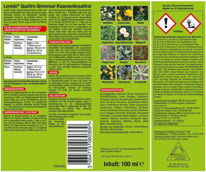 PROTECT GARDEN Loredo® Quattro Universal-Rasenunkrautfrei 100 ml für 100 m²