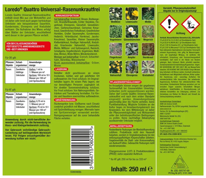 PROTECT GARDEN Loredo® Quattro Universal-Rasenunkrautfrei 250 ml für 250 m²