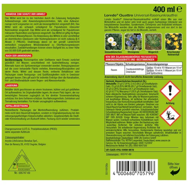 PROTECT GARDEN Loredo® Quattro Universal-Rasenunkrautfrei 400 ml für 400 m²