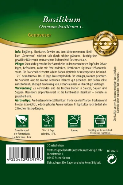 Quedlinburger Basilikum Genoveser Saatscheiben - Premium Kräutersamen
