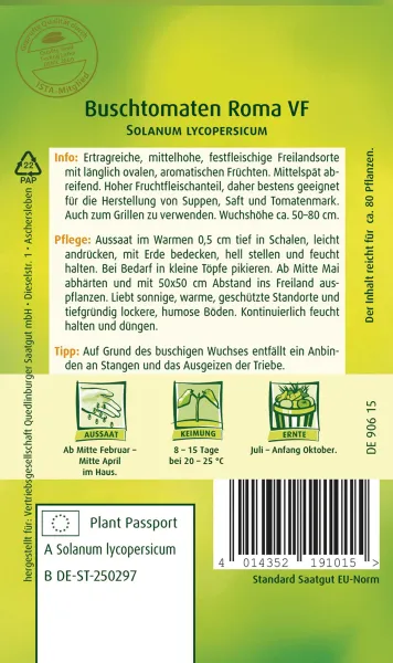 Quedlinburger Buschtomaten Roma VF - Gemüsesamen