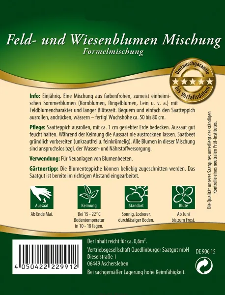 Quedlinburger Feld- und Wiesenblumen Mischung Saatteppich - Premium Blumensamen