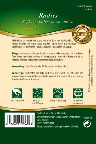 Quedlinburger Radies Saxa 2 Pillensaat - Gemüsesamen