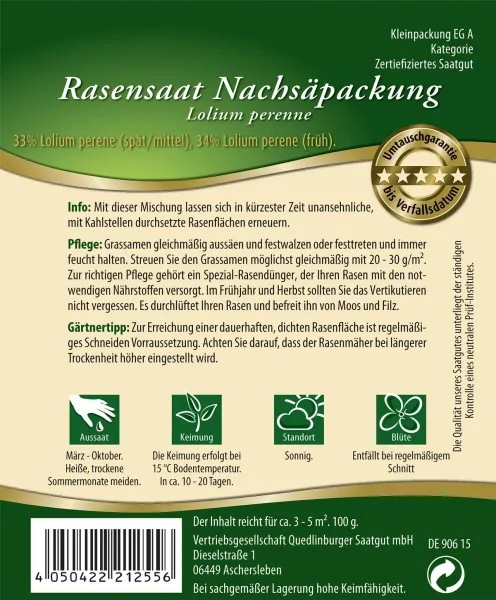 Quedlinburger Rasensaat Nachsäpackung - Rasensamen