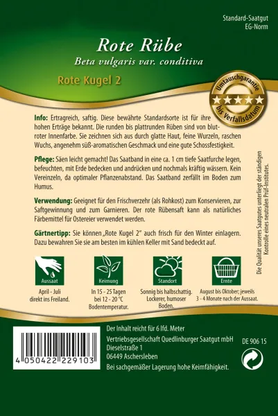 Quedlinburger Rote Rübe Rote Kugel 2 Saatband - Premium Gemüsesamen