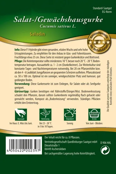 Quedlinburger Salat-/ Gewächshausgurke Saladin - Gemüsesamen
