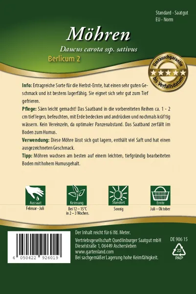 Quedlinburger Möhren Berlicum 2 Saatband 6 Meter - Gemüsesamen