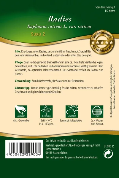 Quedlinburger Radies Saxa 2 Saatband 6 Meter - Gemüsesamen
