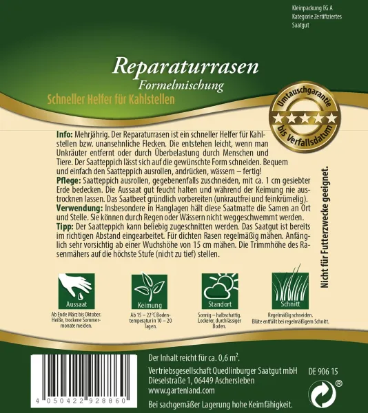 Quedlinburger ST Reparaturrasen Saatteppich 20 x 300 cm - Premium Rasensamen