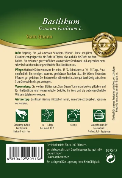 Quedlinburger Thai Basilikum Siam Queen - Premium Kräutersamen