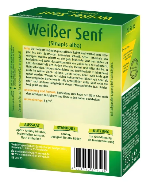 Quedlinburger Gründünger Weißer Senf Sinapis für ca. 100 m² 500 g - Faltschachtel