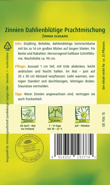 Quedlinburger Zinnien Dahlienblütige Prachtmischung - Blumensamen