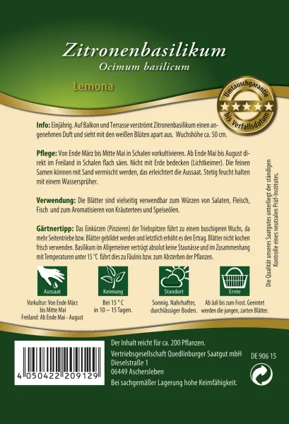 Quedlinburger Zitronenbasilikum Lemona - Premium Kräutersamen
