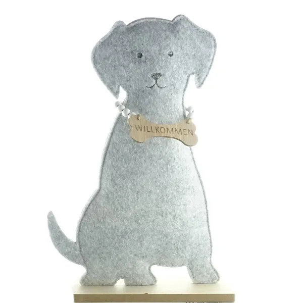 Riffelmacher Hund Grau mit Willkommensschild zum Stellen 29,5 cm - Filz