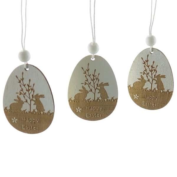Riffelmacher Oster Dekoanhänger Ei mit 2 Hasen 3er Set - Holz