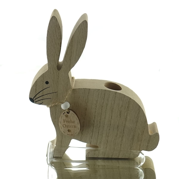 Riffelmacher Osterhase Natur mit Reagenzglasvase sitzend  16 cm - Holz & Glas