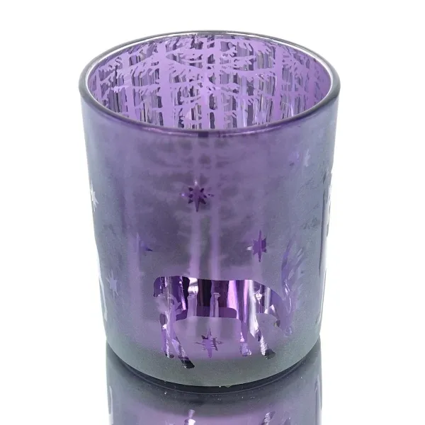 Riffelmacher Weihnachtsteelichtglas mit Hirschen & Bäumen Lila 8 cm