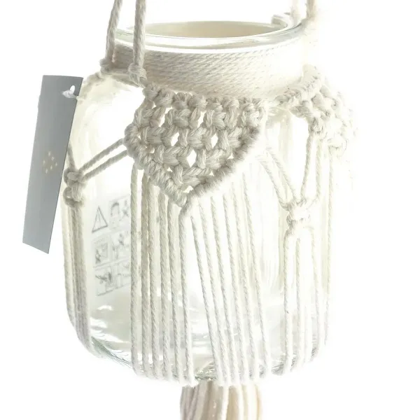 Riffelmacher Windlicht-Makramee mit Glaseinsatz Creme zum Hängen Ø 13 cm