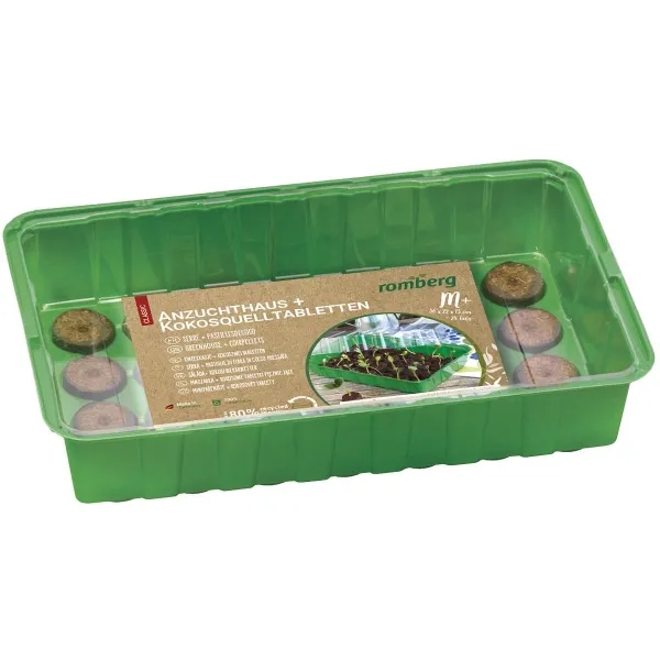 Romberg CLASSIC Anzuchthaus M PLUS COCO Grün 36 x 13 cm & 28 Kokos-Quelltabletten