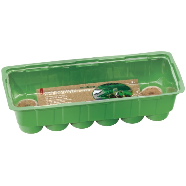 Romberg CLASSIC Anzuchthaus S PLUS COCO Grün 27,5 x 11 cm & 12 Kokos-Quelltabletten