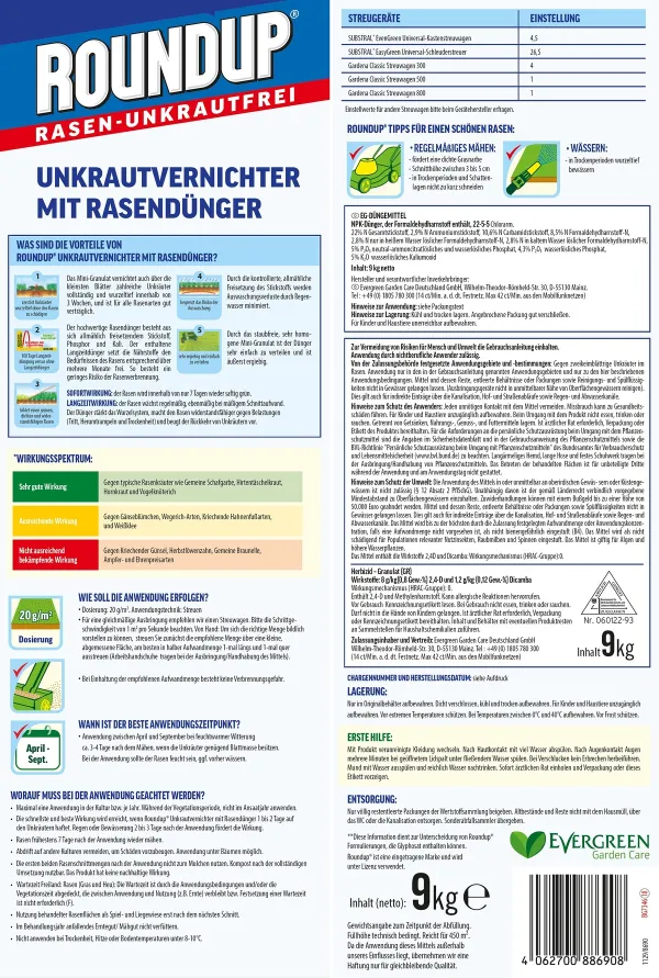 ROUNDUP® RASEN-UNKRAUTFREI Granulat mit Rasendünger für ca. 450 m² - 9 kg